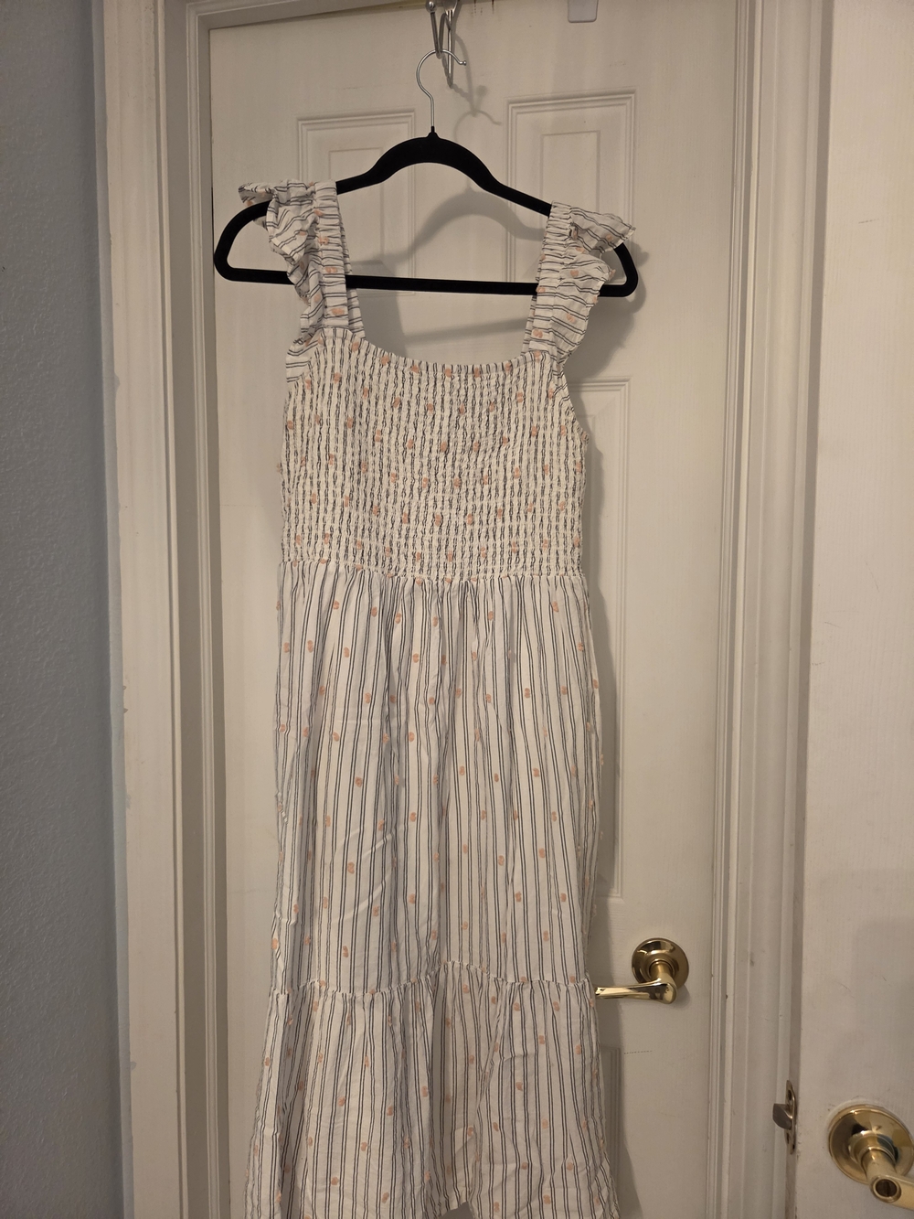LOFT White Maxi Dress with Orange Dot & Blue Stripe